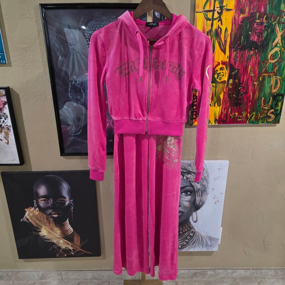 NWT 2PC Ed Hardy Velure Y2K Style Tattoo Pink Rhinestone Track Suit Grunge Small